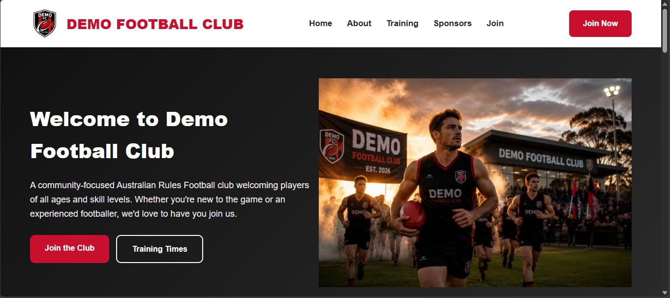 Business Package Demo Football Club website screenshot