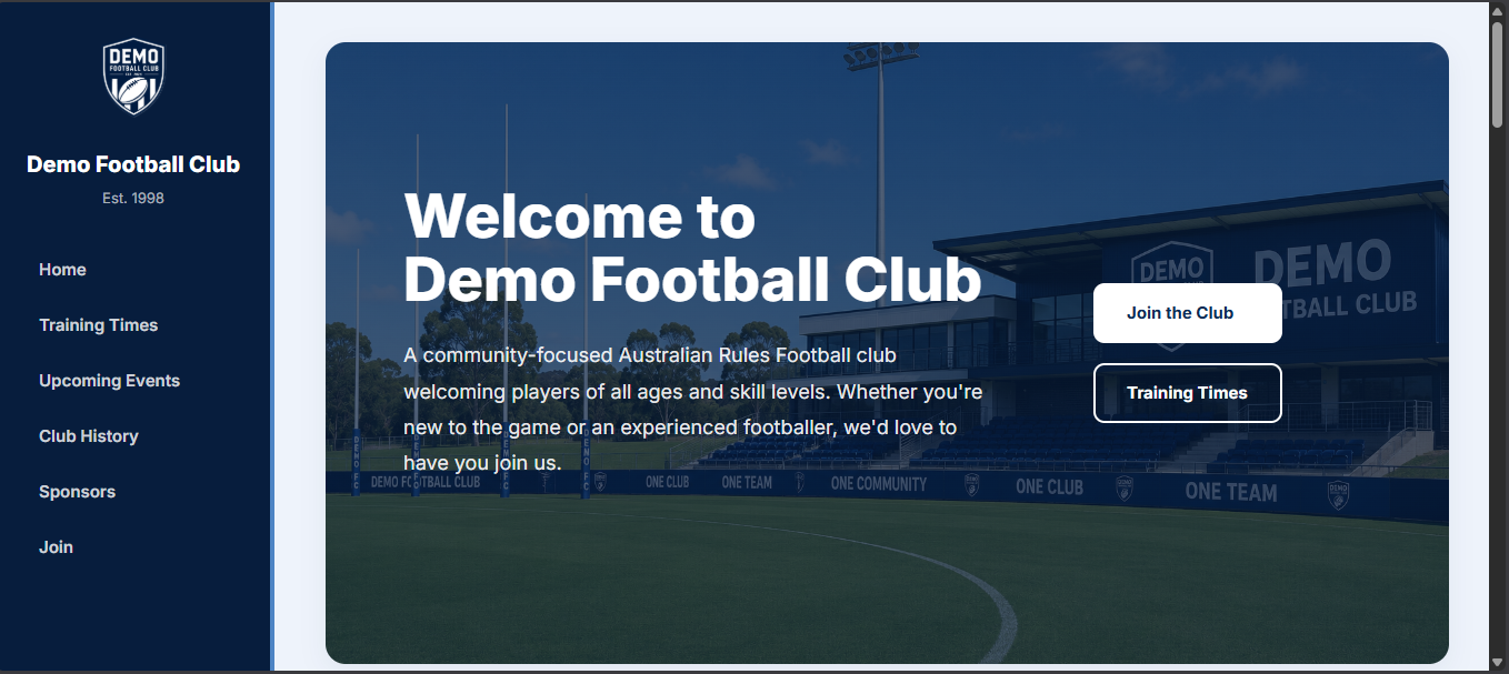 Demo Football Club website screenshot